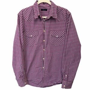 Zara Man Western Plaid Button Shirt Long Sleeve Snap Pockets Pink Blue – Size L